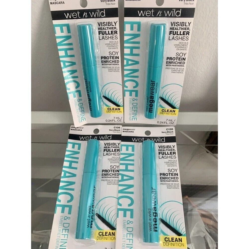 (4) Wet 'n Wild Megawear Mascara #C136 Very Black New Set Clean Fuller